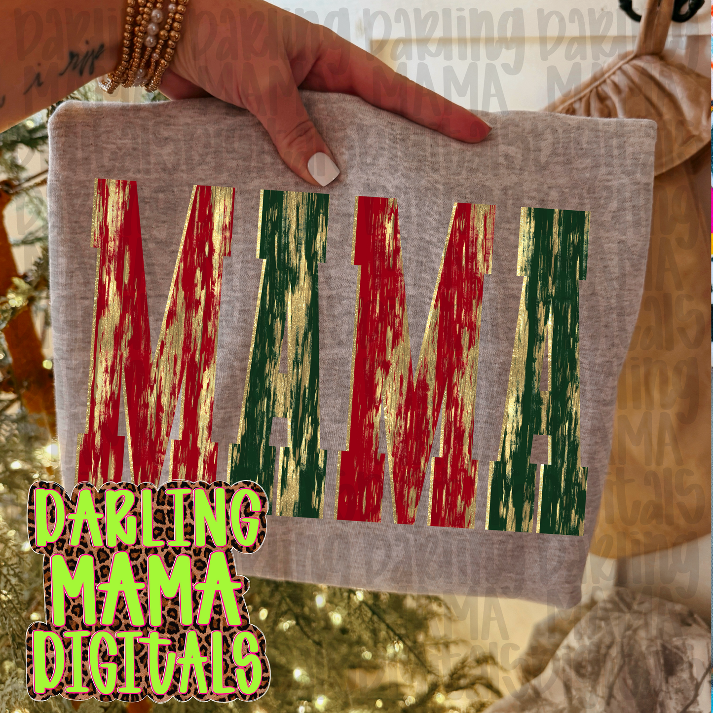 Gold foil red and green mama