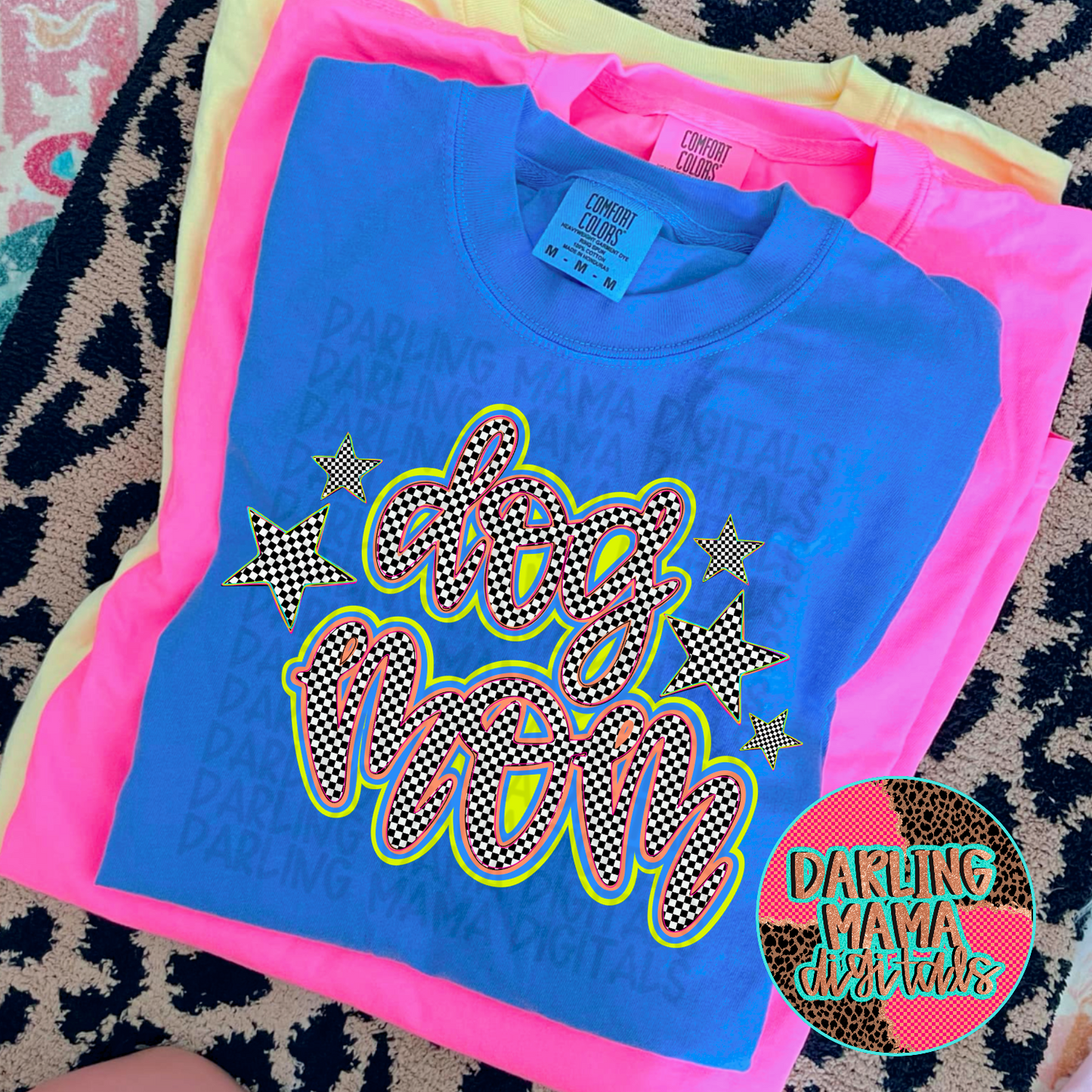 Neon Script Checkered Dog Mama