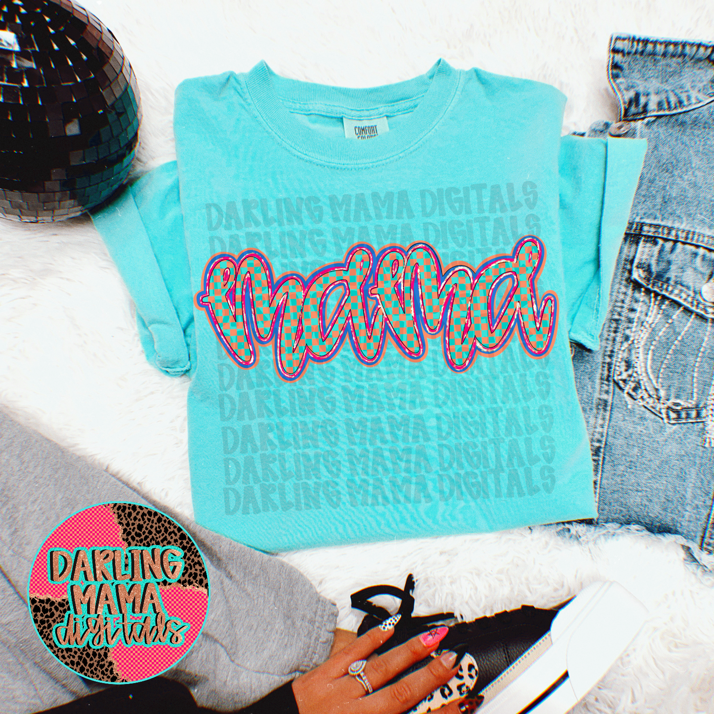Checkered Script neon Glitter Mama