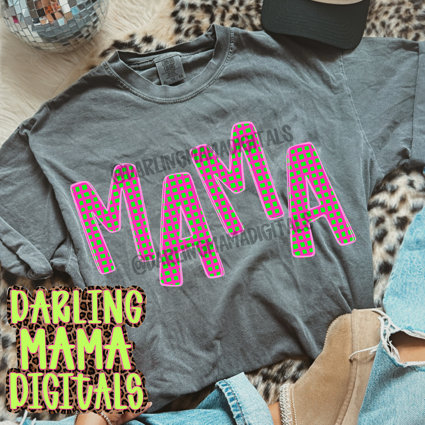 Pink and green gingham mama