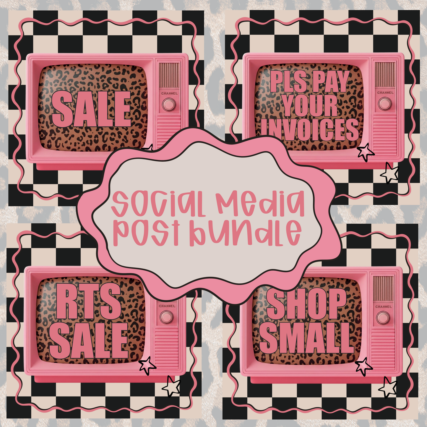 YOU MUST ADD YOUR BIZ NAME SOMEWHERE! Checkered + cheetah social post