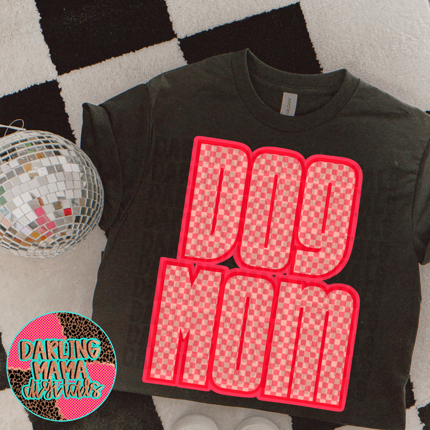 Coral Checkered Dog Mom