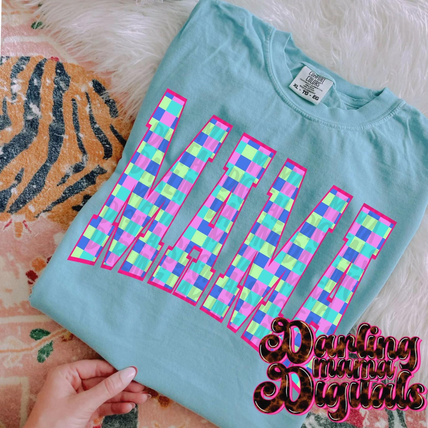 Pink, blue, yellow checkered mama