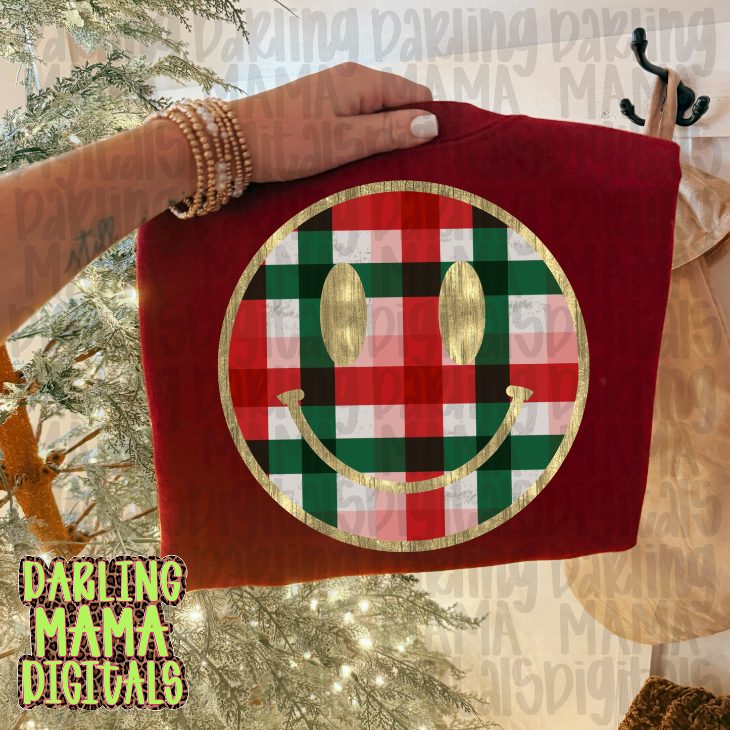 Christmas Plaid Gold foil smiley