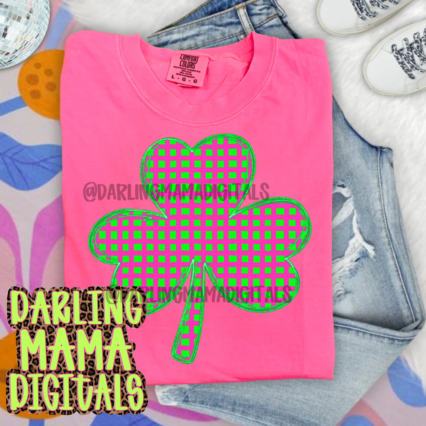 Pink and green gingham shamrock