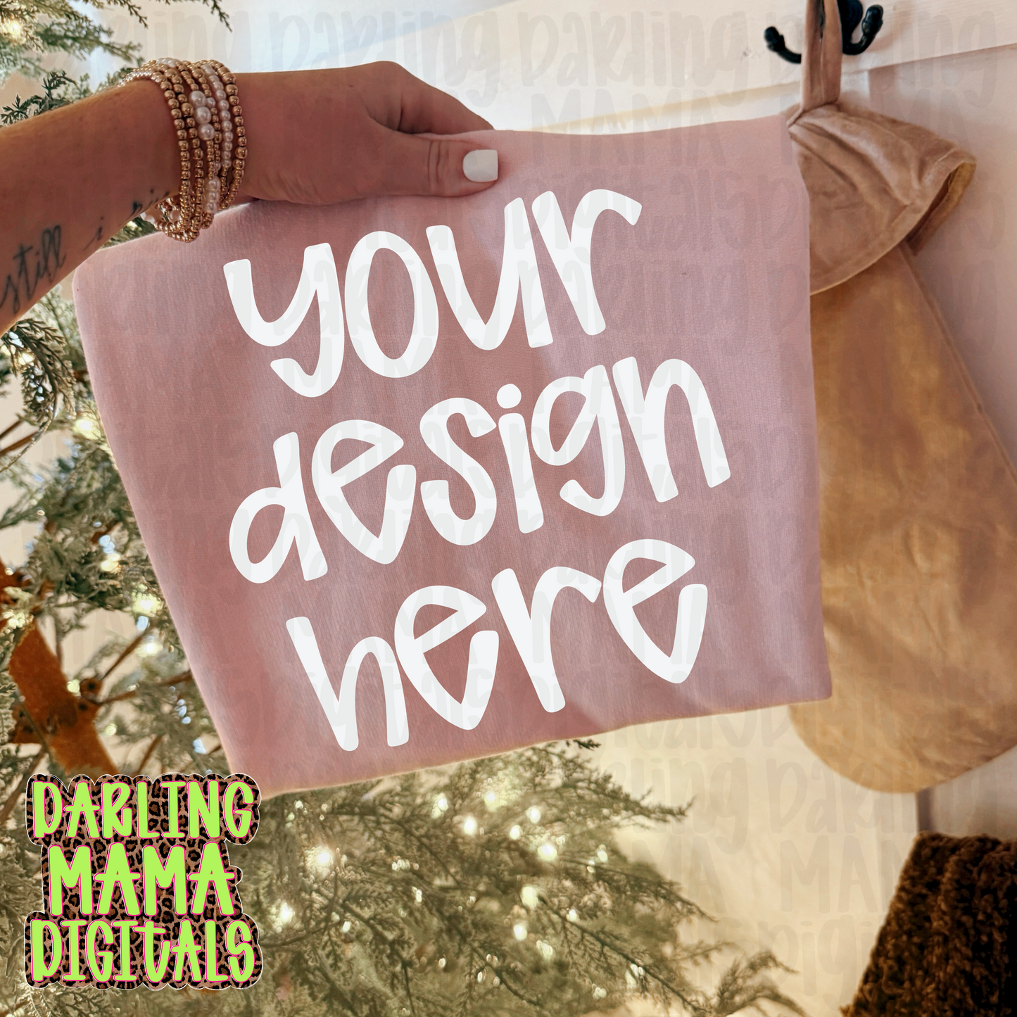 Light pink sweatshirt Christmas tree and stocking