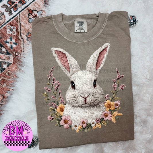 Faux embroidery white bunny with flowers