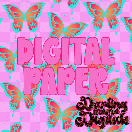 Checkered neon butterfly Digital Paper