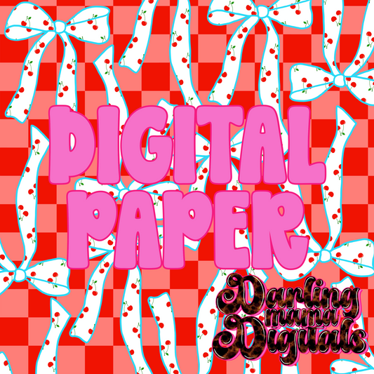 Checkered Cherry bow Digital Paper