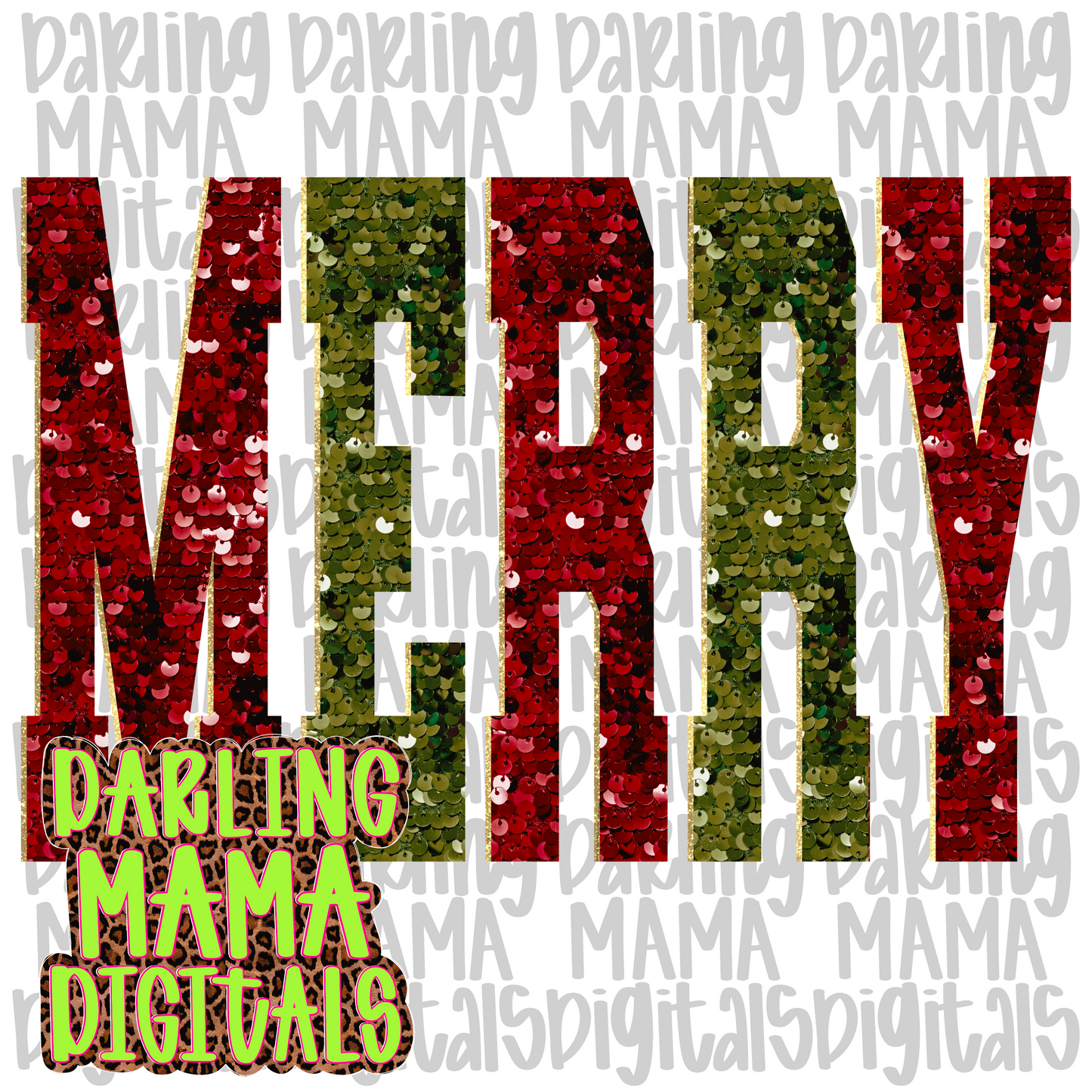 Red and green faux sequin and embroidery merry