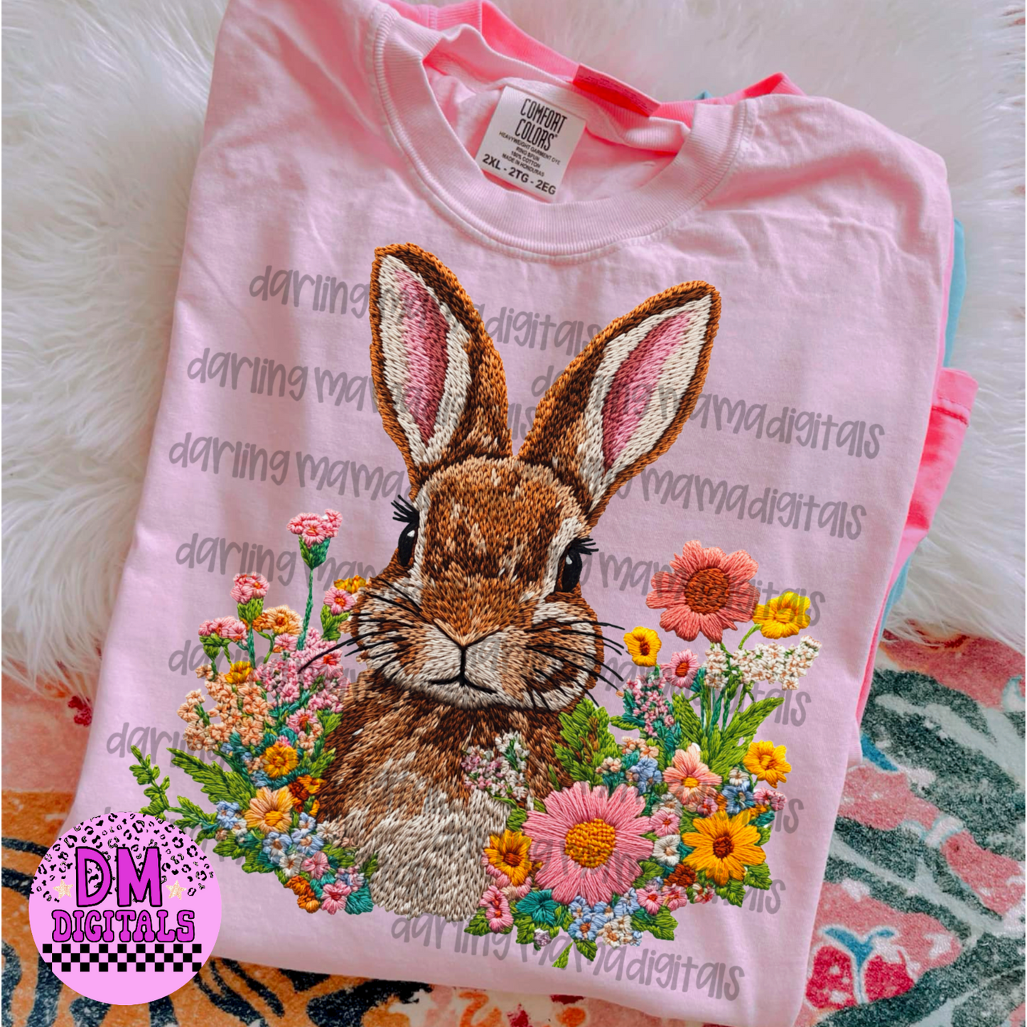 Faux embroidery Brown bunny with flowers