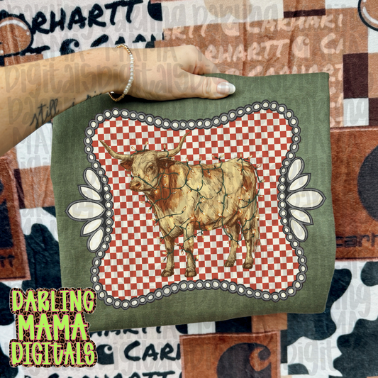 Western Long horn wrapped in Christmas lights