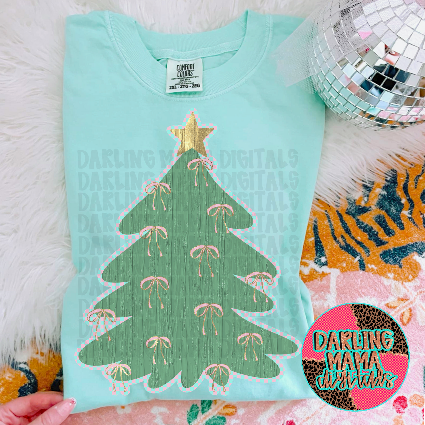 Realistic paint pink bow Christmas tree