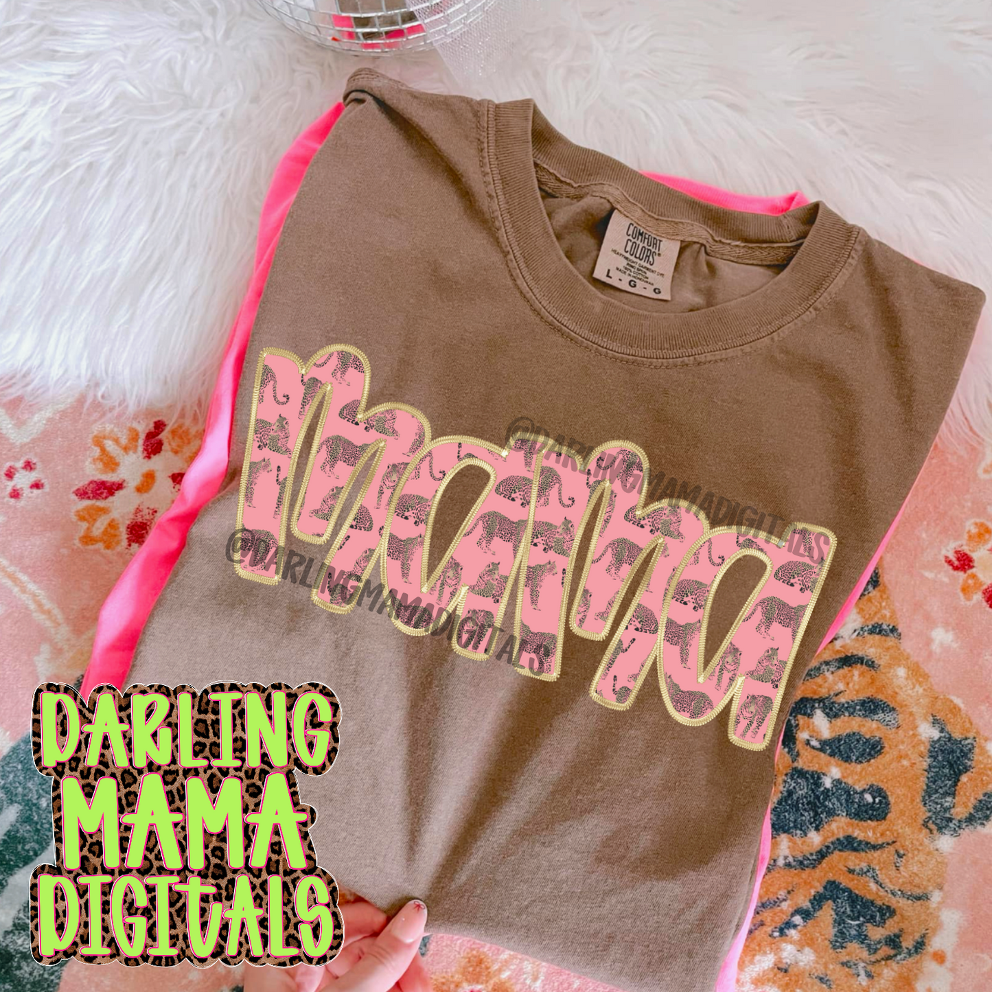 Faux metallic embroidery pink cheetah mama